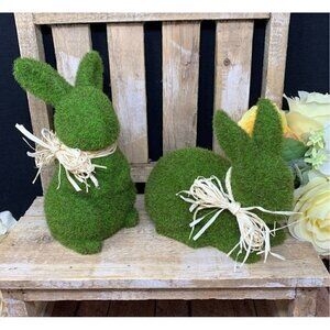 Easter Bunny Rabbit Lot Moss Flocked Covered Green Figurines Raffia Bow Set Farm